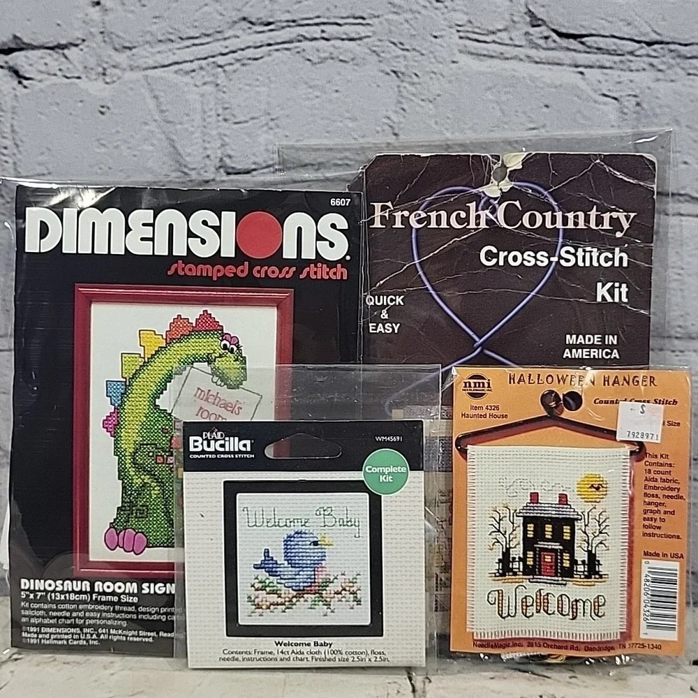 Mini Cross‎ Stitch Kits Lot Of 4 Welcome Dino Room Sign French Country